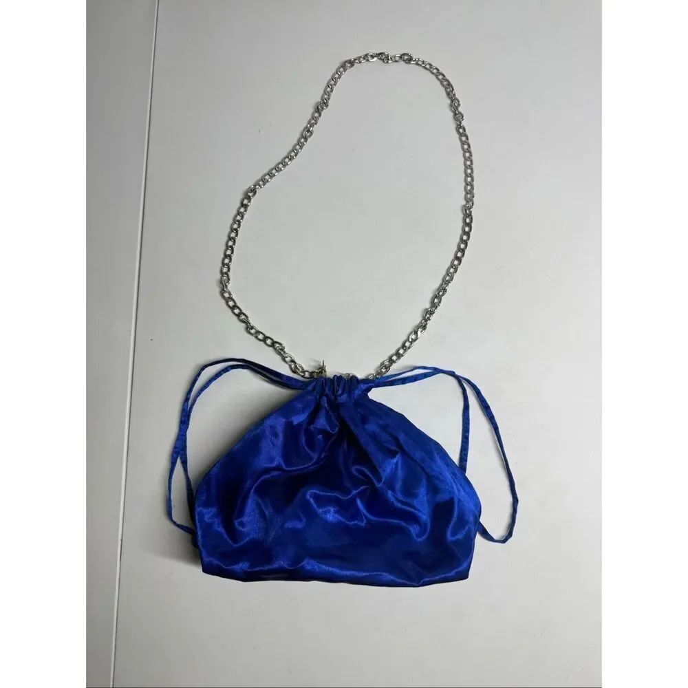 Rare Satin ROYAL BLUE SATIN DOLLY BAG  EVENING CHAIN SILVER STRAP